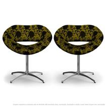 kit 2 Cadeiras Beijo Floral Preto e Amarelo Poltrona Decorativa com Base Giratória