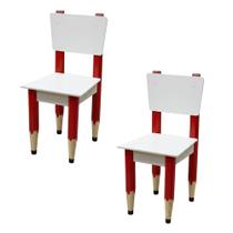 Kit 2 Cadeiras Cadeira Infantil Lápis Vermelho Assento e Encosto Brancos Para Estudos e Desenhos Mobília Decor Kit 2 Cadeiras Cadeira Infantil Lápis Vermelho Assento e Encosto Brancos Para Estudos e Desenhos Mobília Decor