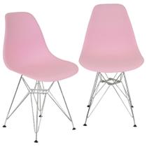 Kit 2 Cadeiras Charles Eames Eiffel Base Metal Cromado Rosa