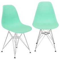 Kit 2 Cadeiras Charles Eames Eiffel Base Metal Cromado Verde Agua