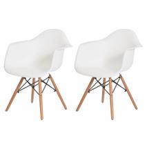 Kit 2 Cadeiras Charles Eames Eiffel Com Braço Branco Base Madeira