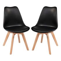 Kit 2 Cadeiras Charles Eames Leda Luisa Saarinen Design Wood Estofada Base Madeira - Preta - UNIVERSAL MIX