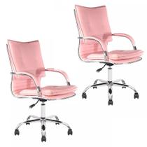 Kit 2 Cadeiras de Escritório Diretor Desenho Italiano Steven em Aço Cromado Base Giratória Rosa Claro G31 - Gran belo