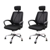 Kit 2 Cadeiras De Escritório Presidente Tela Mesh Simples Com Apoio e Sistema Relax Ribs - Preta