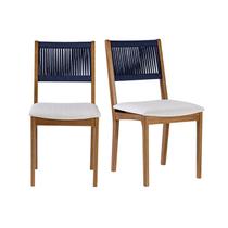 Kit 2 Cadeiras de Jantar sem Braços Tune Verniz Mel/Corda Azul/Tecido Gelo