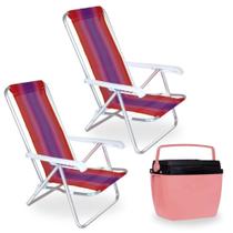 Kit 2 Cadeiras de Praia 4 Posicoes Aluminio + Caixa Termica 18 Lts Rosa Pessego para Camping e Praia Mor