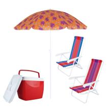 Kit 2 Cadeiras de Praia 4 Posicoes + Guarda-sol + Caixa Termica 18lts Vermelha Mor