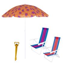 Kit 2 Cadeiras de Praia 4 Posicoes + Guarda-sol + Saca Areia Amarelo Mor