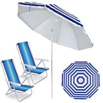 Kit 2 Cadeiras de Praia Aluminio 4 Posic + Guarda Sol 2,40 M Azul Claro Listrado Articulado Mor