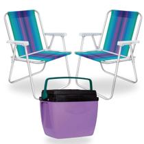 Kit 2 Cadeiras de Praia Aluminio Colorida + Caixa Termica Cooler 26 L Roxa e Verde Mor