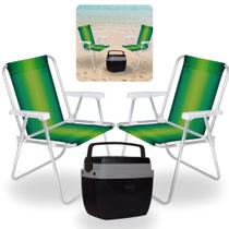 Kit 2 Cadeiras de Praia Aluminio Coloridas + Caixa Termica Preta Cooler 18 L Mor