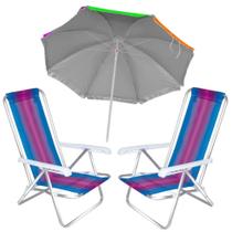 Kit 2 Cadeiras de Praia Aluminio + Guarda-sol Estampado Mor Mor e Lazer