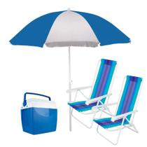 Kit 2 Cadeiras de Praia + Guarda-sol Branco e Azul + Caixa Termica 26 L Mor