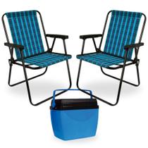 Kit 2 Cadeiras de Praia Xadrez em Aco + Caixa Termica 26 L Cooler Azul Mor