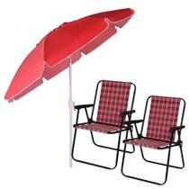 Kit 2 Cadeiras de Praia Xadrez + Guarda Sol 2 M de Aluminio / Bagum Manivela