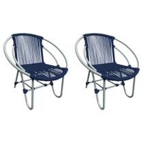 Kit 2 Cadeiras Decorativa Julia em Corda Náutica e Base em Alumínio Cinza/ Azul Marinho