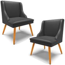 Kit 2 Cadeiras Decorativas Sala de Jantar Pés Palito de Madeira Firenze PU Preto Fosco/Natural G19 - Gran Belo