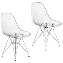 Kit 2 Cadeiras Eames Cristal Transparente Eiffel Base Metal Cromado