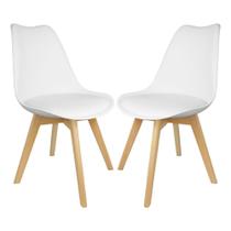 Kit 2 Cadeiras Eames Leda Branca Assento Couro PU Pés Madeira Jantar Escritório