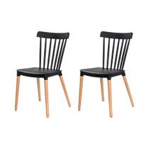 Kit 2 Cadeiras Ellen Windsor Polipropileno Preta Base MADEIRA Sala Cozinha Jantar