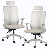 Kit 2 Cadeiras Escritório Giratória Presidente Flow F02 Base Cinza Sintético Bege - Lyam Decor