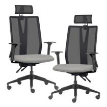 Kit 2 Cadeiras Escritório Giratória Presidente Flow F02 Base Preta Crepe Cinza - Lyam Decor