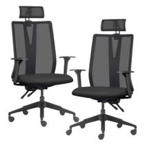 Kit 2 Cadeiras Escritório Giratória Presidente Flow F02 Base Preta Crepe Preto - Lyam Decor