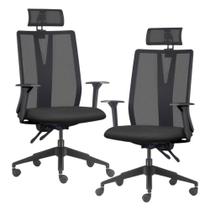 Kit 2 Cadeiras Escritório Giratória Presidente Flow F02 Base Preta Crepe Preto - Lyam Decor
