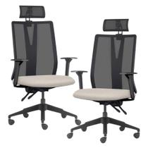 Kit 2 Cadeiras Escritório Giratória Presidente Flow F02 Base Preta Linho Bege Claro - Lyam Decor