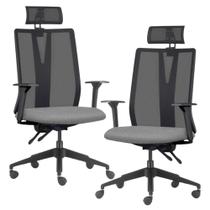 Kit 2 Cadeiras Escritório Giratória Presidente Flow F02 Base Preta Linho Cinza Escuro - Lyam Decor Kit 2 Cadeiras Escritório Giratória Presidente Flow F02 Base Preta Linho Cinza Escuro - Lyam Decor