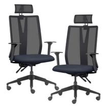 Kit 2 Cadeiras Escritório Giratória Presidente Flow F02 Base Preta Sintético Azul - Lyam Decor