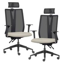 Kit 2 Cadeiras Escritório Giratória Presidente Flow F02 Base Preta Sintético Bege - Lyam Decor