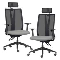 Kit 2 Cadeiras Escritório Giratória Presidente Flow F02 Base Preta Sintético Cinza - Lyam Decor