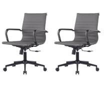 Kit 2 Cadeiras Escritório Manhattan Black Esteirinha Diretor Fratini PU Cinza Base Rodízio Preto