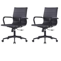 Kit 2 Cadeiras Escritório Manhattan Black Esteirinha Diretor Fratini PU Preto Base Rodízio Preto