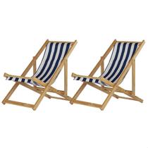 Kit 2 Cadeiras Espreguiçadeira Dobrável de Madeira Varanda Jardim Piscina Natural S/B Tecido Listrado Azul e Branco