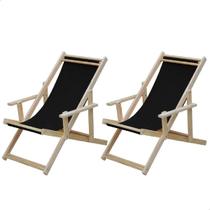 Kit 2 Cadeiras Espreguiçadeiras Dobrável de Madeira Varanda Jardim Piscina Natural C/B Tecido Preto