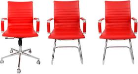 Kit 2 Cadeiras Esteirinha e 1 Cadeira Secretária Executiva Cor Vermelho - BERING