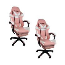 Kit 2 Cadeiras Gamer Stillus Ergonômica Com Apoio Para Os Pés - Rosa E Branco