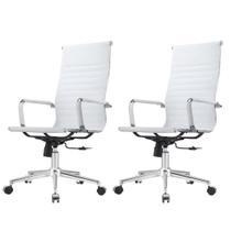 Kit 2 Cadeiras Giratória Alta Office Manhattan Esteirinha Fratini Revestida em (PU) Branco Base Rodízio
