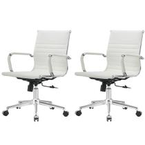 Kit 2 Cadeiras Giratória Baixa Office Manhattan Esteirinha Fratini Revestida em (PU) Branco Base Rodízio