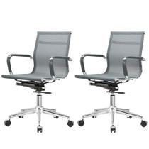 Kit 2 Cadeiras Giratória Office Sydney Diretor Fratini Tela Cinza Base Rodízio Aço Cromado