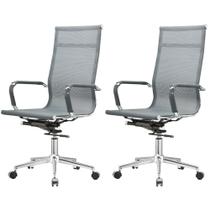 Kit 2 Cadeiras Giratória Office Sydney Presidente Fratini Tela Cinza Base Rodízio Aço Cromado