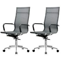 Kit 2 Cadeiras Giratória Office Sydney Presidente Fratini Tela Preta Base Rodízio Aço Cromado