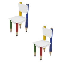 Kit 2 Cadeiras Infantil Lápis Coloridos Assento e Encosto Brancos Pés Temáticos Quarto Menina Menino Mobília Decor