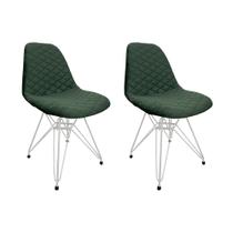 Kit 2 Cadeiras Jantar Estofadas Verde Eiffel Eames Base Ferro Branco