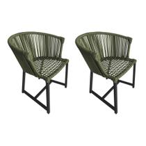 Kit 2 Cadeiras Jantar Jardim Área Externa Corda Náutica Verde Musgo Base Aluminio Preto Salina Linha Plus