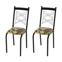 Kit 2 Cadeiras Laura Estofado Floral Hibisco Amarelo para Sala de Jantar Aço Preto