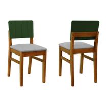 Kit 2 Cadeiras Linhas Madeira Maciça Encosto MDF Laqueado Verde Musgo - Amêndoa Assento Estof. Linho Cinza Mescla Impermeável