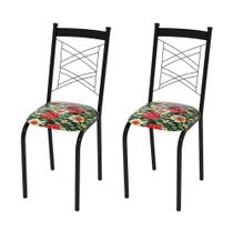 Kit 2 Cadeiras London Estofado Floral Hibisco Vermelho para Sala de Jantar Aço Preto